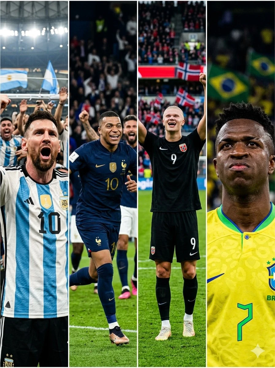 A premium ultra-realistic sports collage featuring four of the world's bi...
