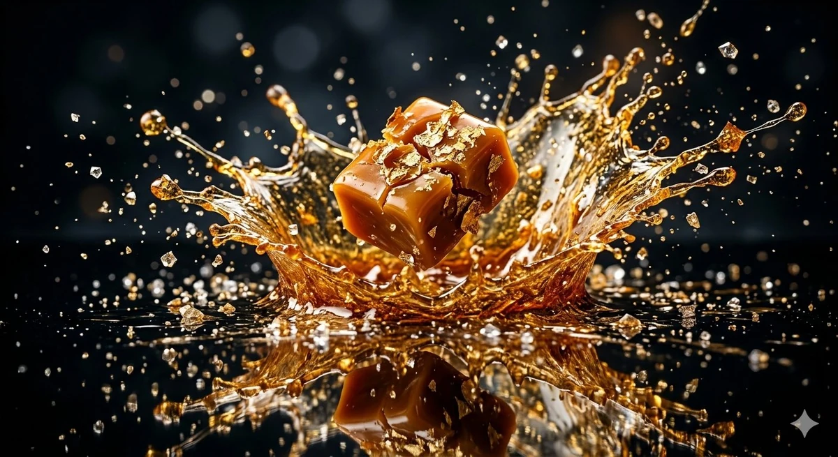 A premium golden toffee suspended in mid air above a mirror polished blac...