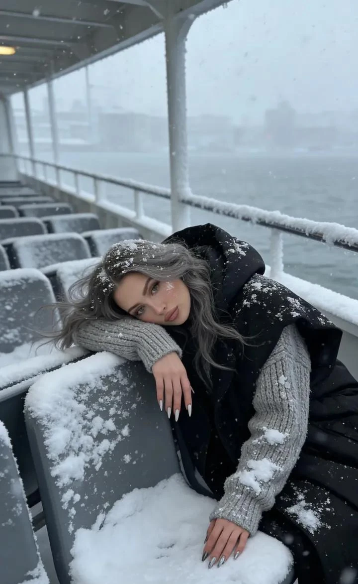 A stunning young woman with long wavy grey hair sits on a snow-covered fe...