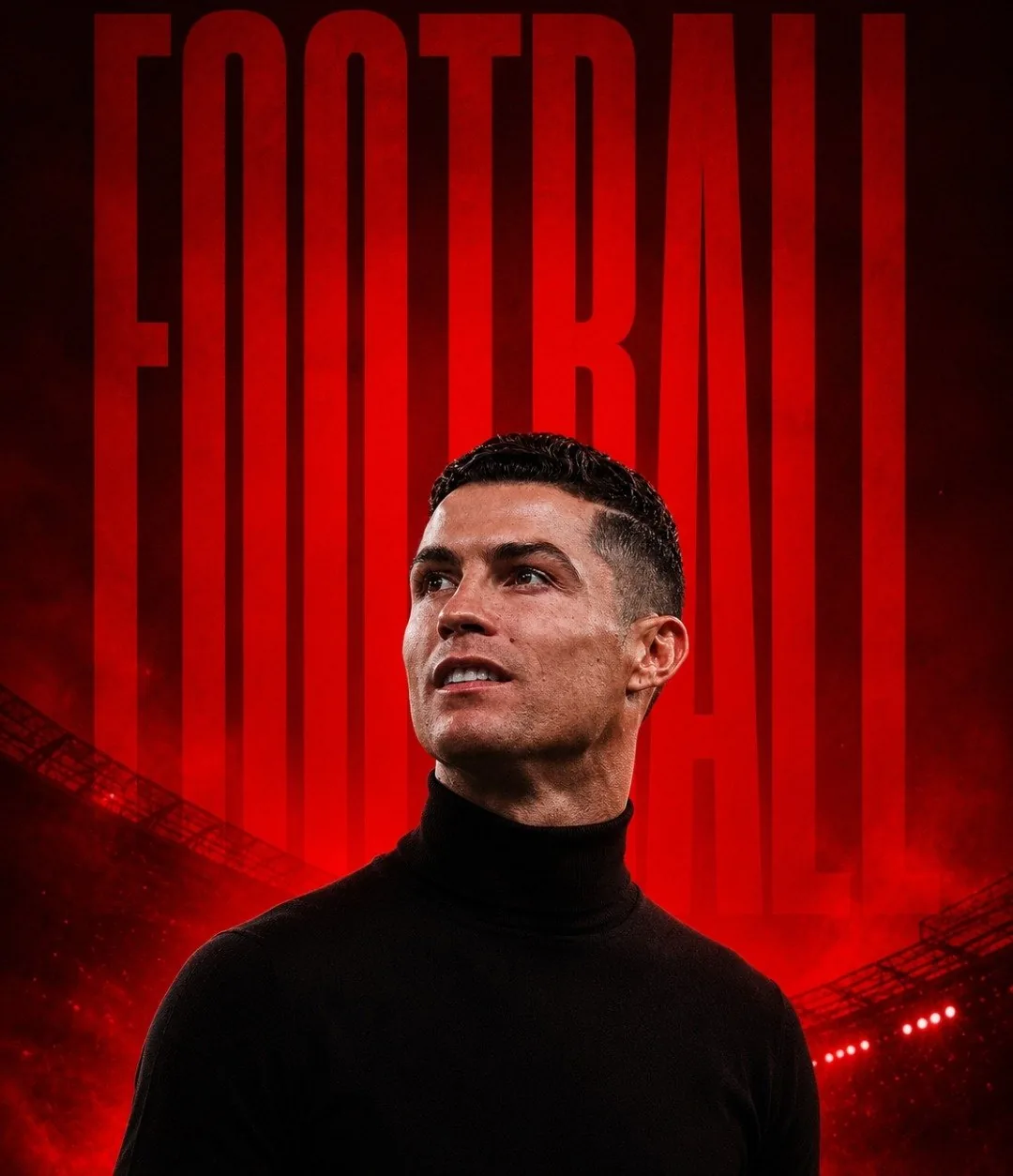 The background is a dark football stadium filled with glowing red floodli...