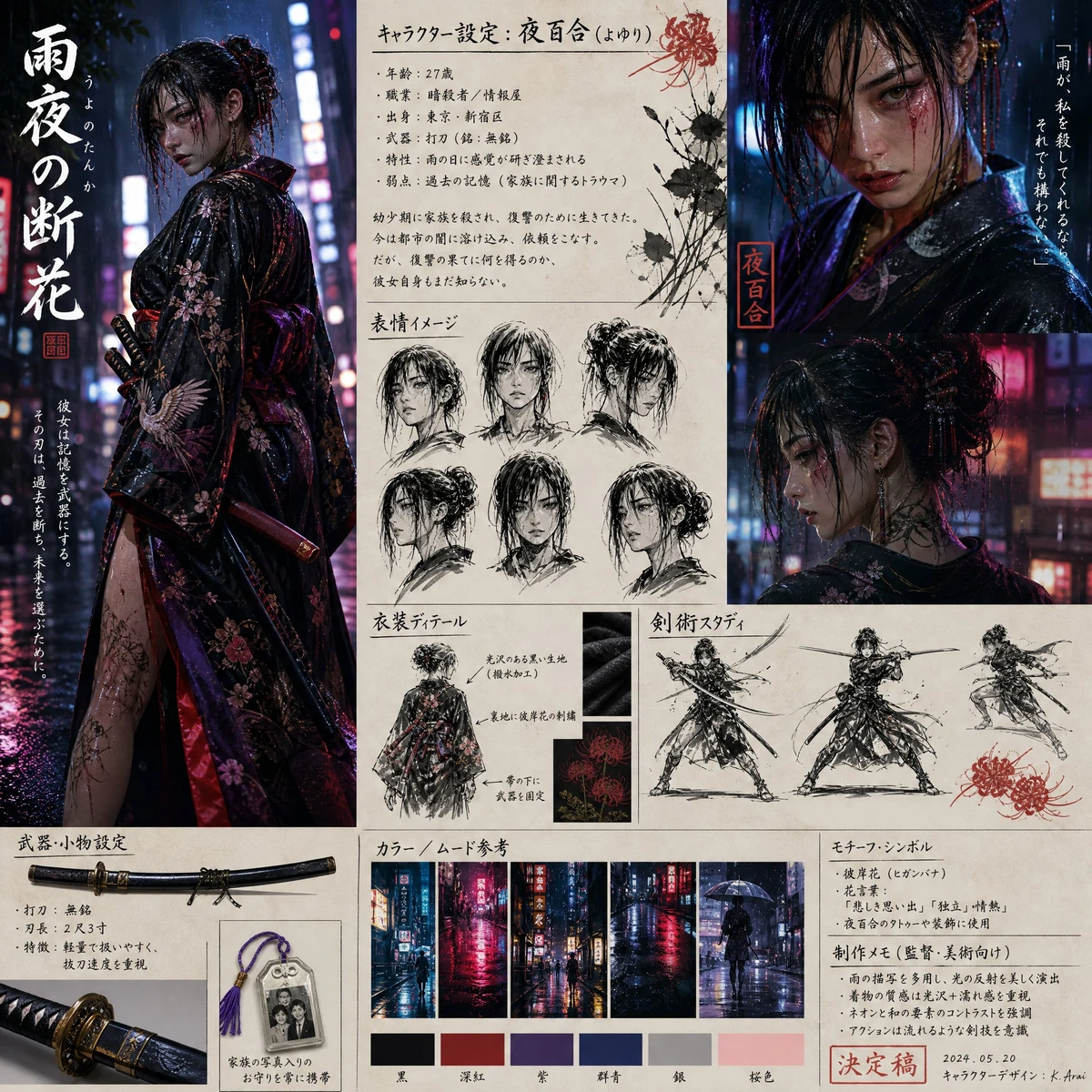 Female assassin wearing modern kimono fusion fashion, katana holster, rai...