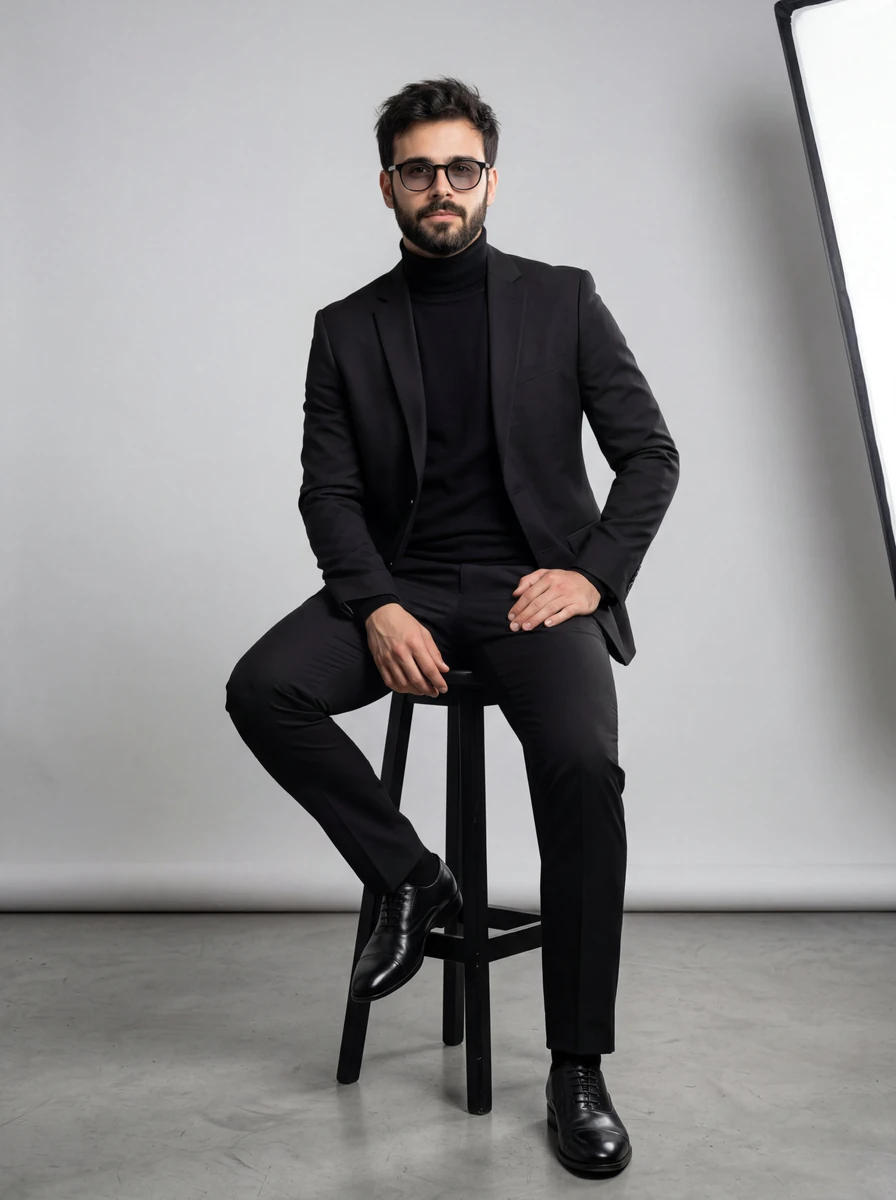 A full-body studio portrait of a handsome man with a neatly trimmed, full...