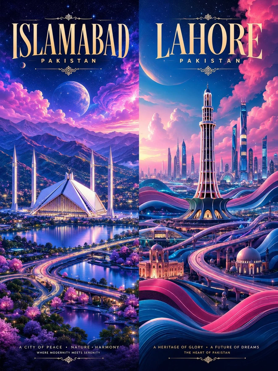 Cinematic split-panel travel poster, two vertical panels side by side.
