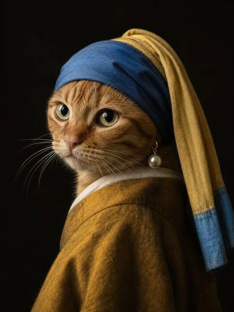 A highly realistic photographic portrait of an orange tabby cat dressed a...