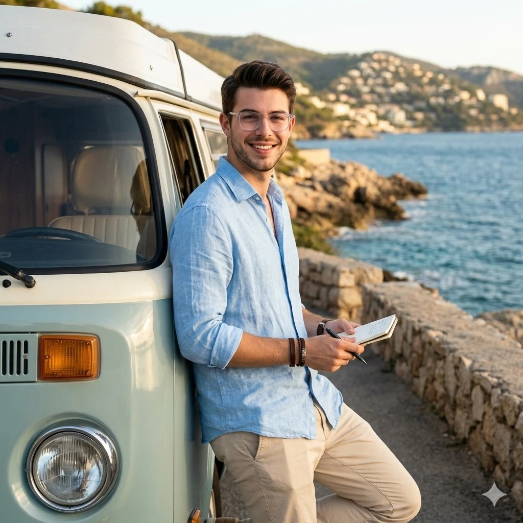 A cinematic lifestyle portrait of a stylish man leaning casually against...