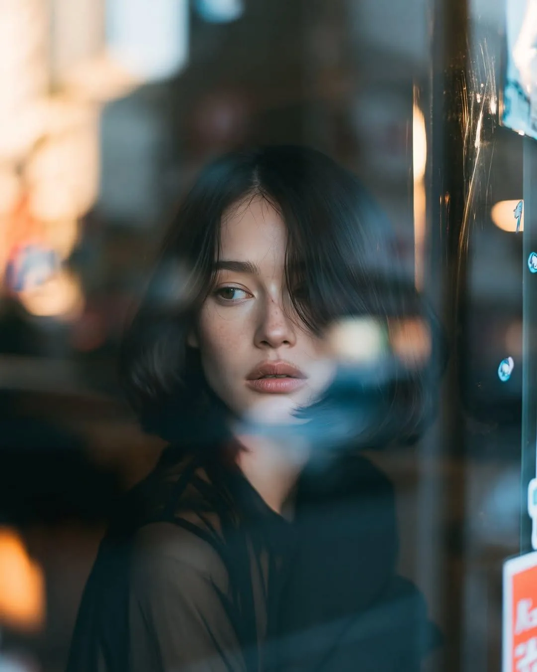 Ultra-cinematic close-up portrait of a young woman sitting inside a dark...
