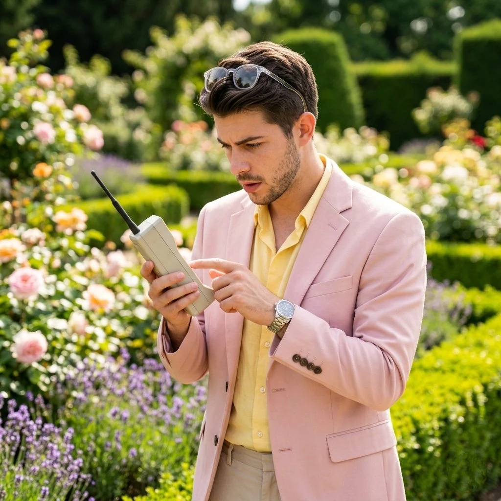 A stylish man standing in a beautifully maintained garden filled with col...