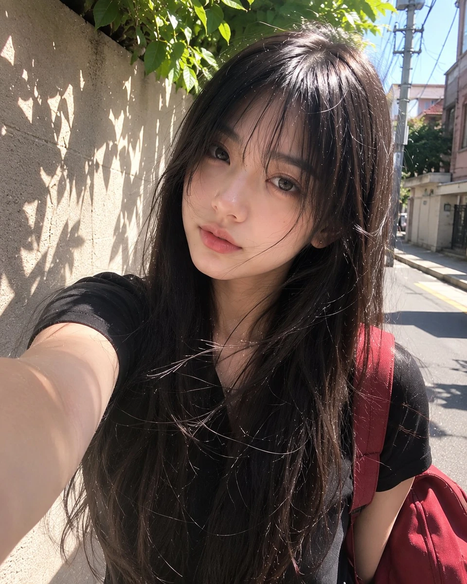 Beautiful young Japanese girl with long silky black hair and soft wispy b...