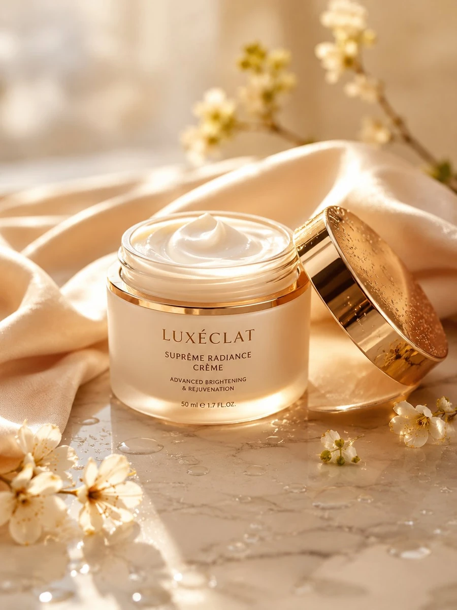 A premium skincare cream jar placed on a smooth marble surface, surrounde...