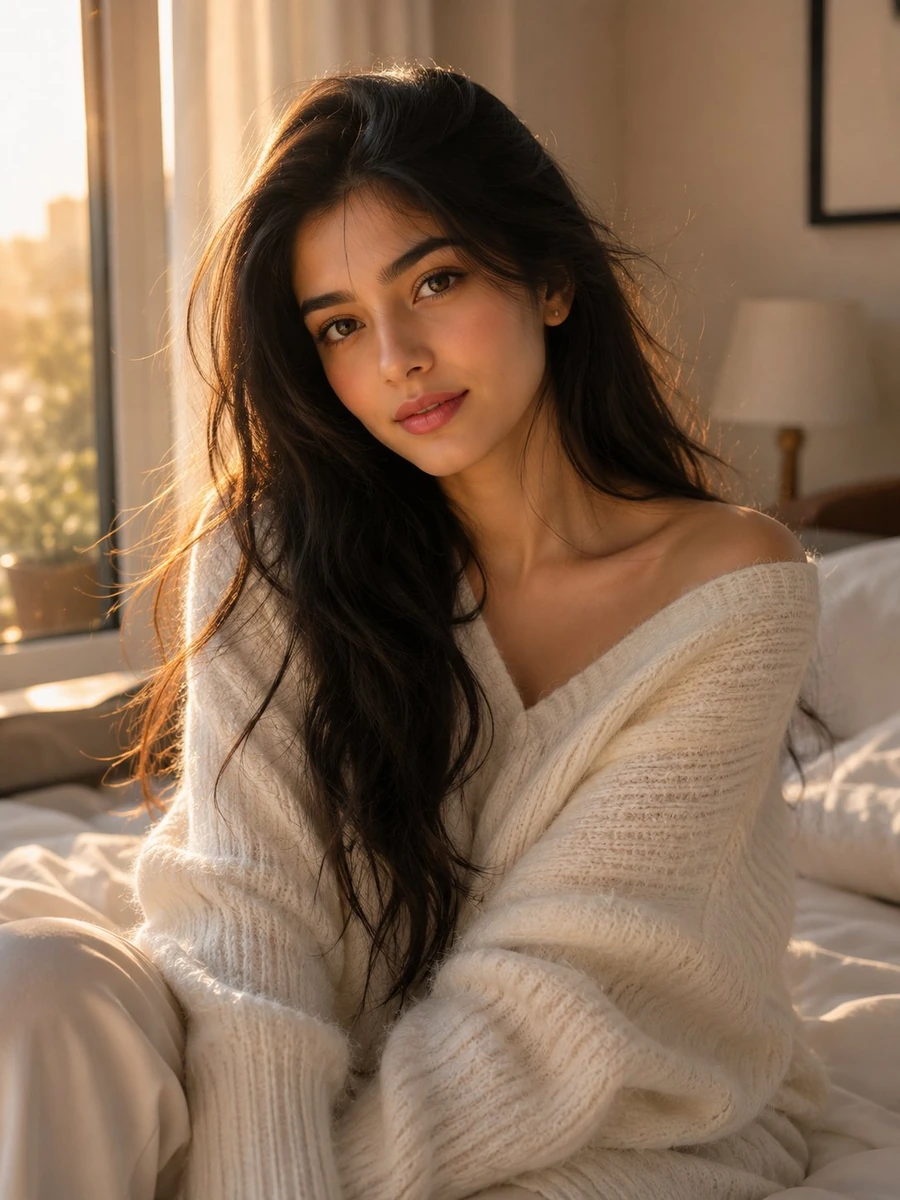 Ultra-realistic portrait of a stunning young woman with long, silky black...