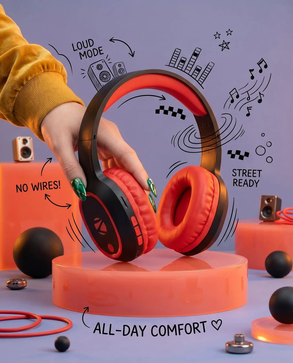 Ultra-realistic premium product photography of stylish wireless over-ear...