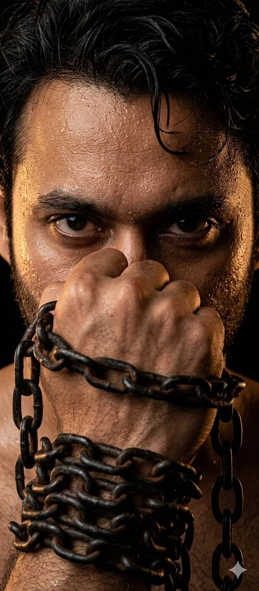 An intense, hyper-realistic close-up cinematic portrait of a young man ho...