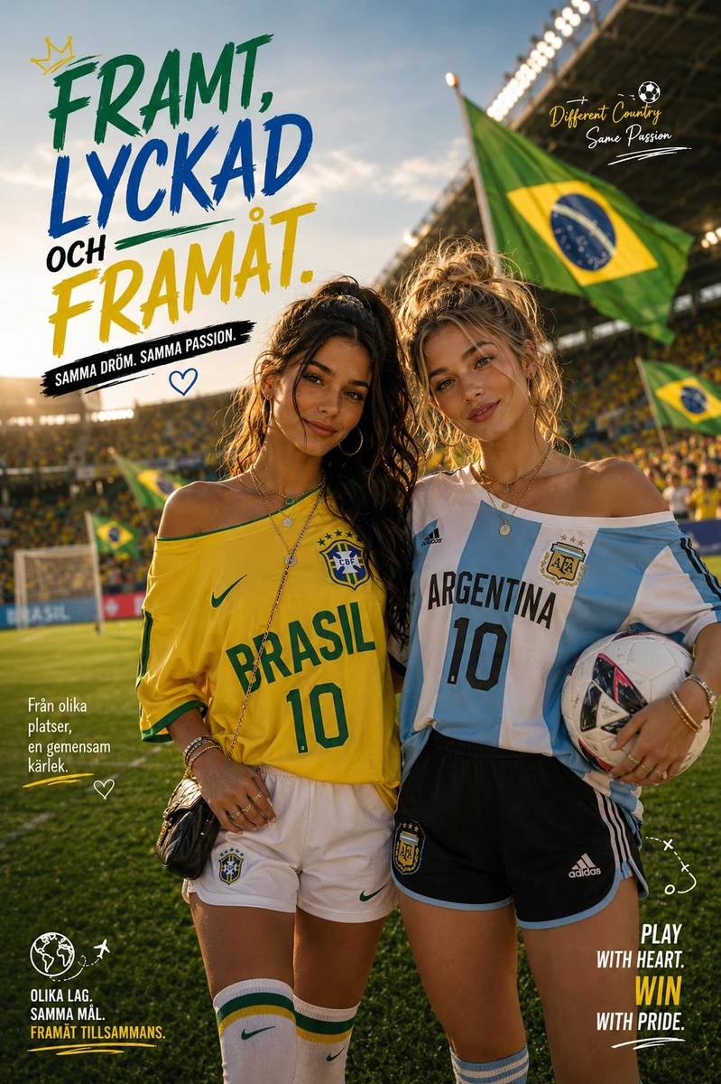 (Two beautiful young female football fans standing together on a vibrant...