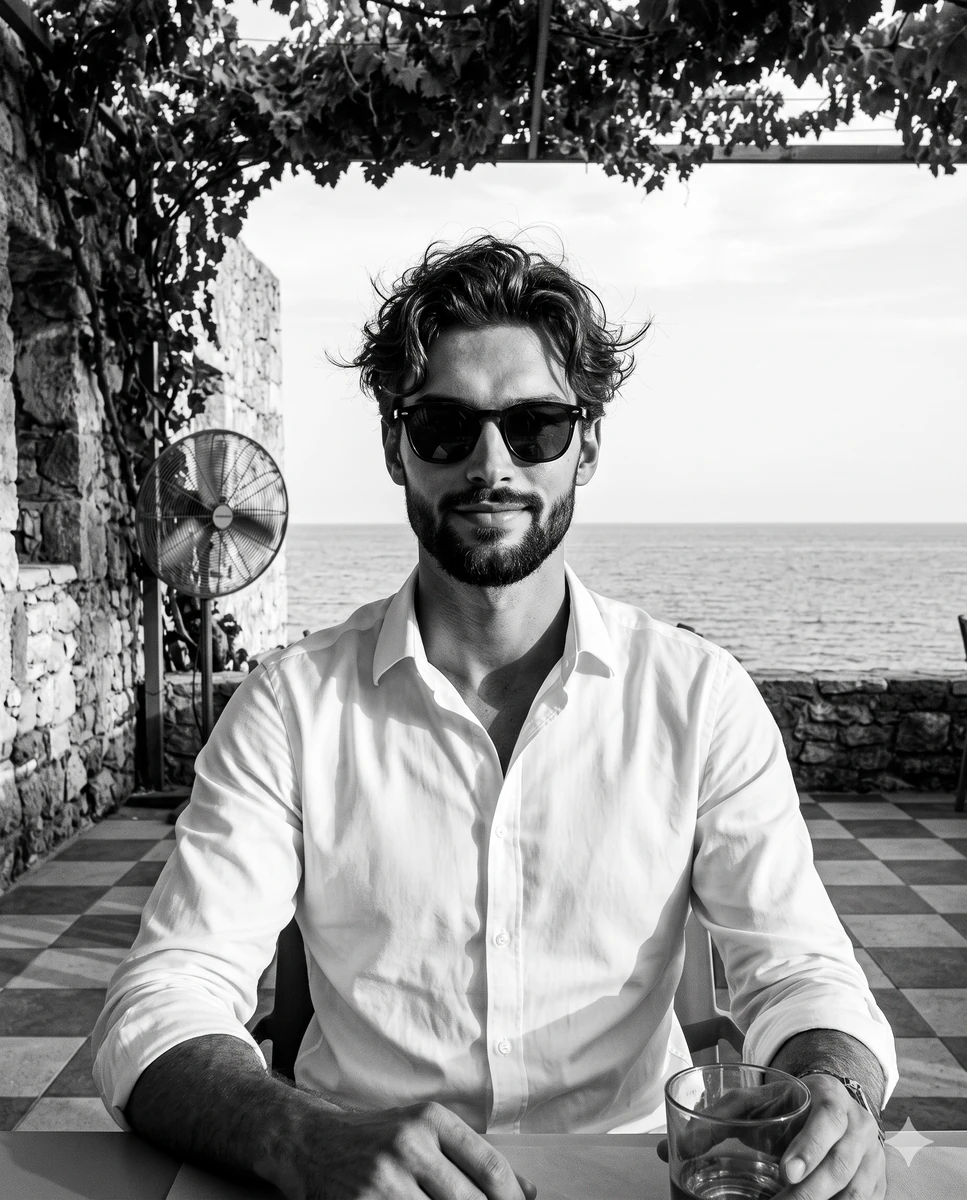 A confident man sits centered facing the camera in a crisp white shirt an...