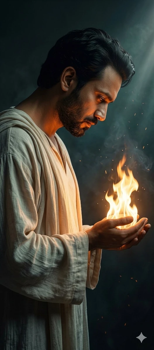 A cinematic dark fantasy portrait of a young male figure seen in dramatic...