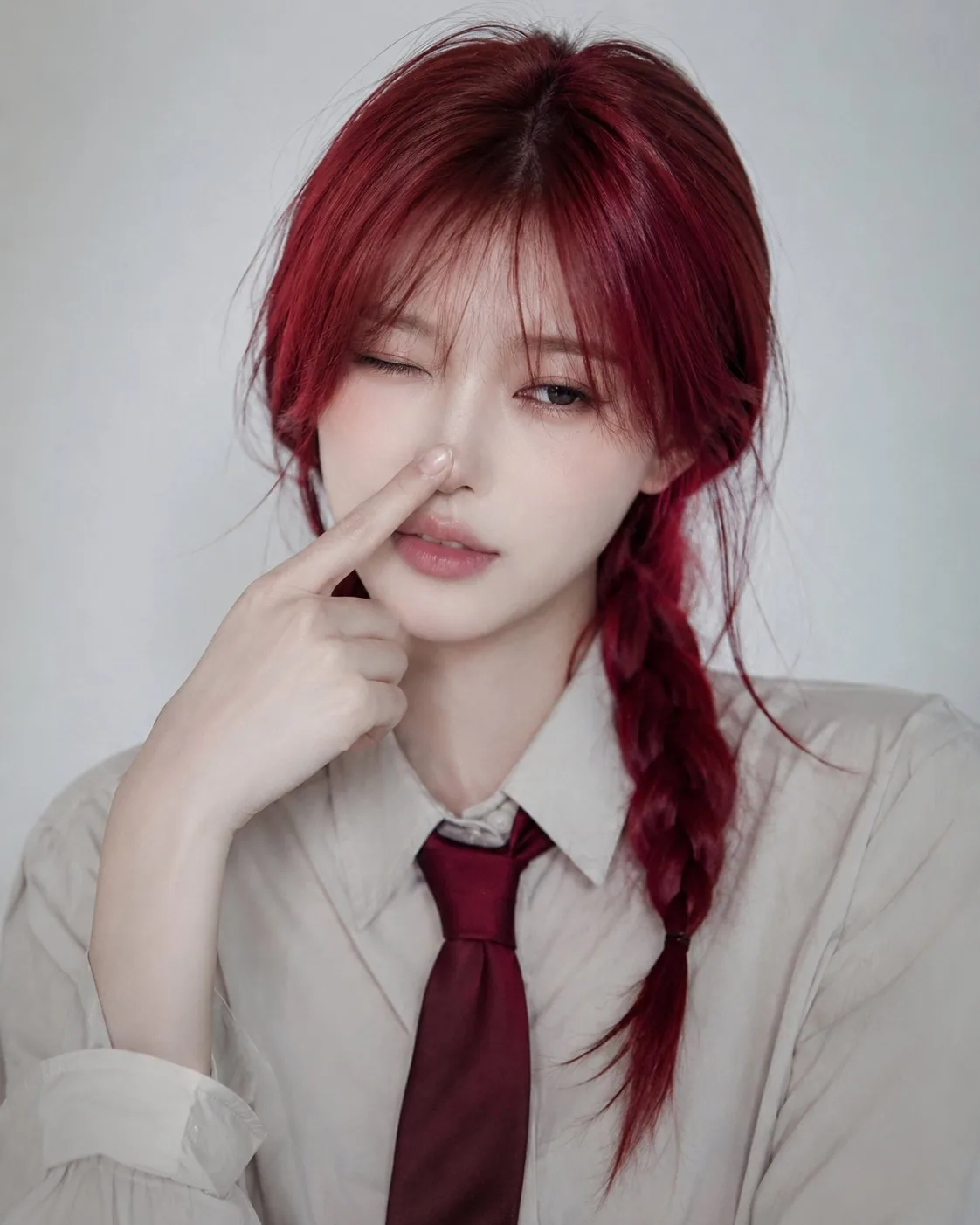 Ultra-realistic portrait of a beautiful young woman with long crimson-red...