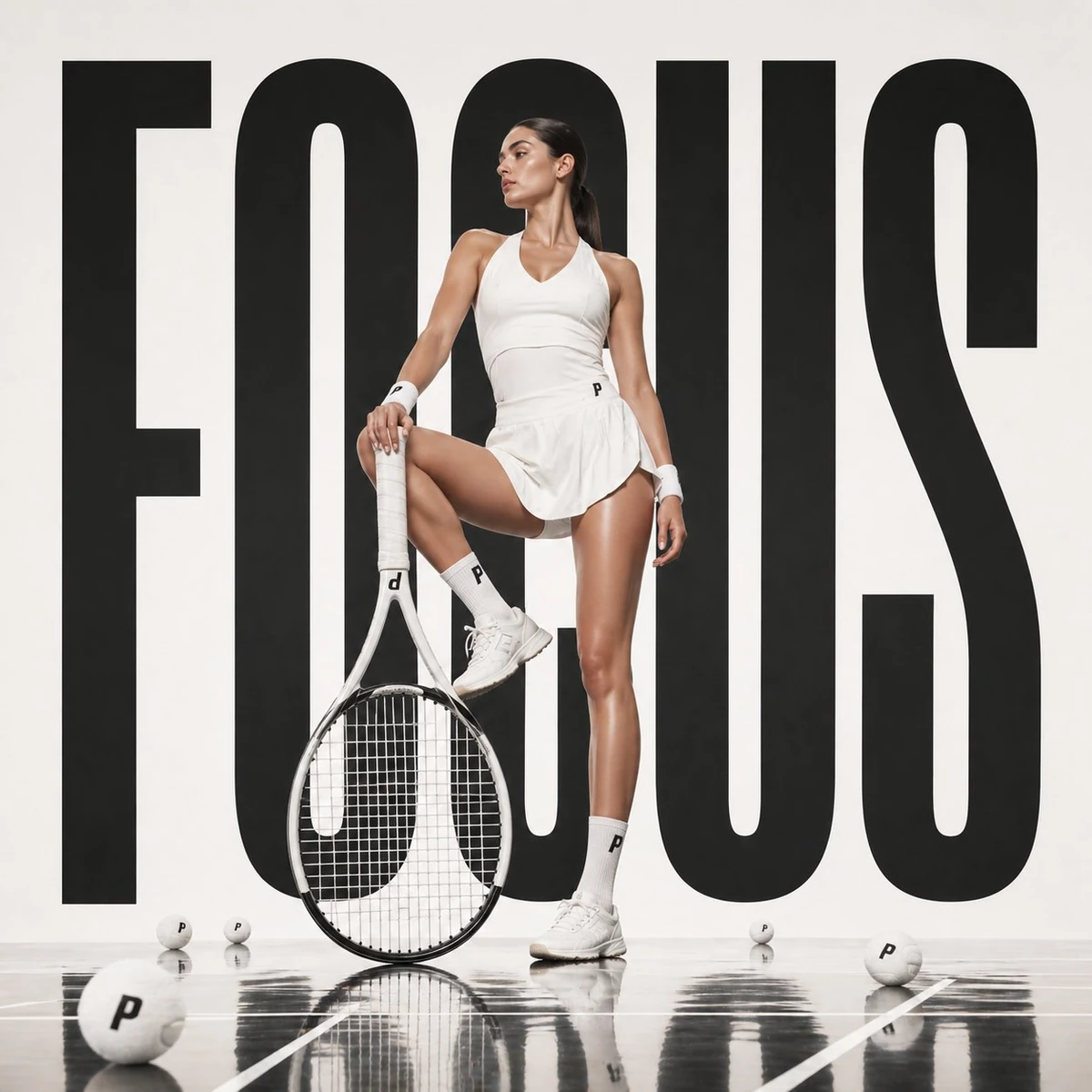Avant-garde sports fashion advertisement, oversized tennis racket positio...