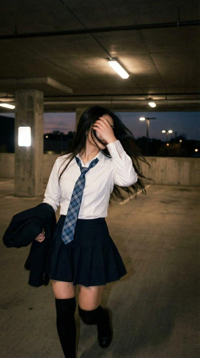 Candid portrait of a young woman in a dim parking garage, wearing a white...