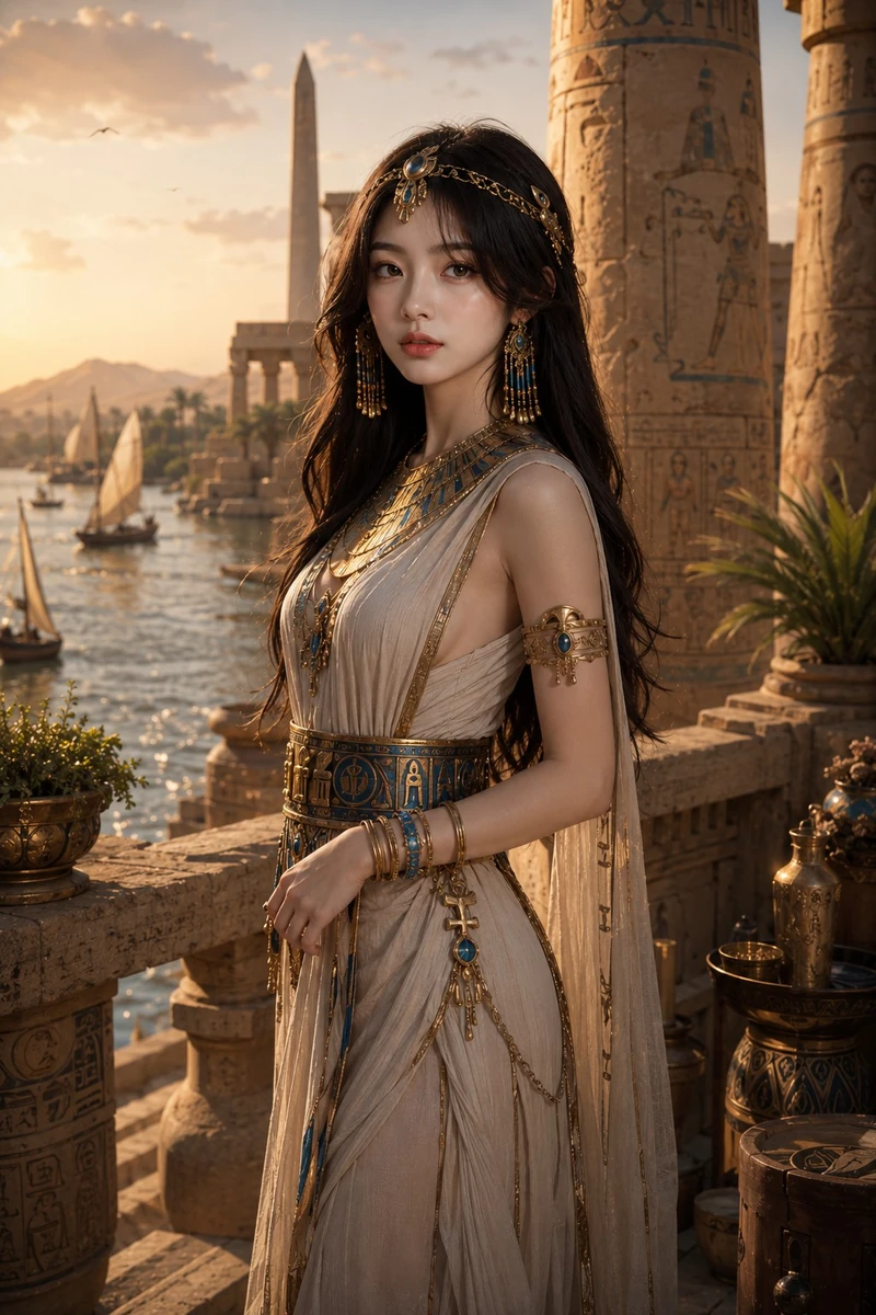 Ultra-realistic cinematic portrait of a beautiful young Egyptian queen st...