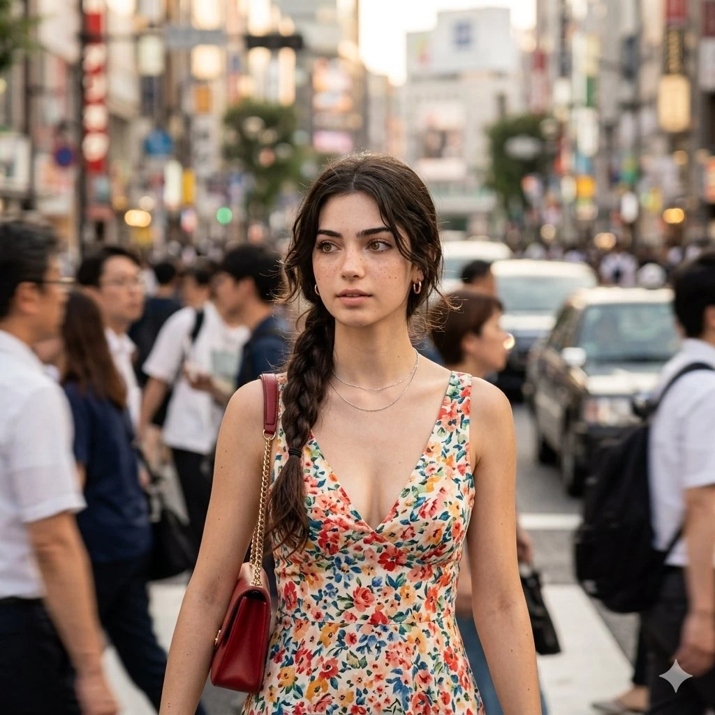 A beautiful young woman walking through a busy city street, soft natural...
