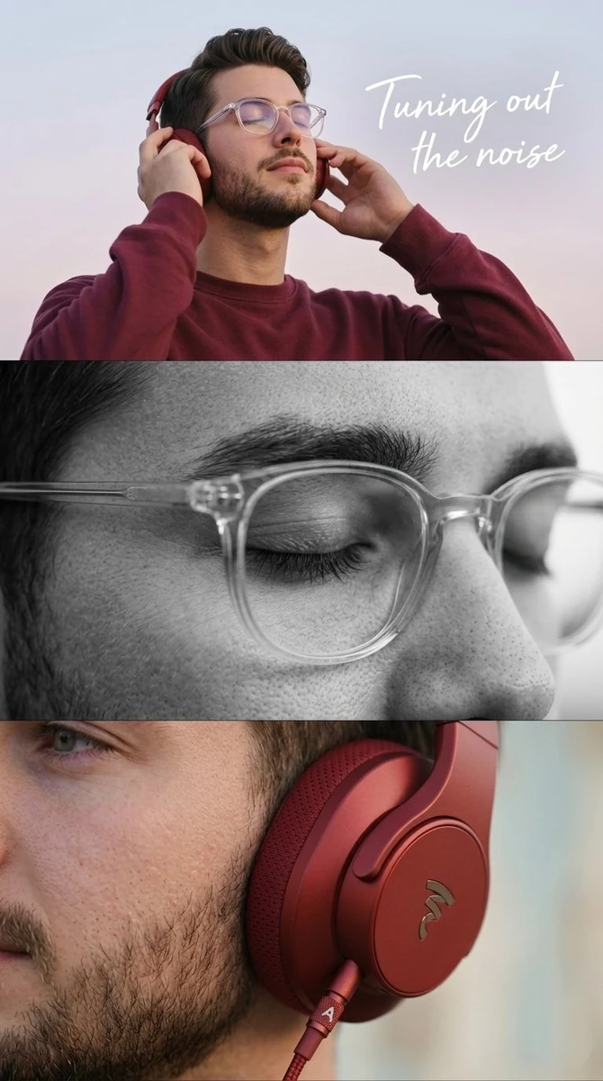 Minimalist lifestyle advertisement featuring a young man wearing red over...