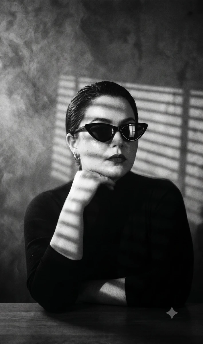 Seated portrait of a woman in a dim, smoke-filled room, dark hair slicked...