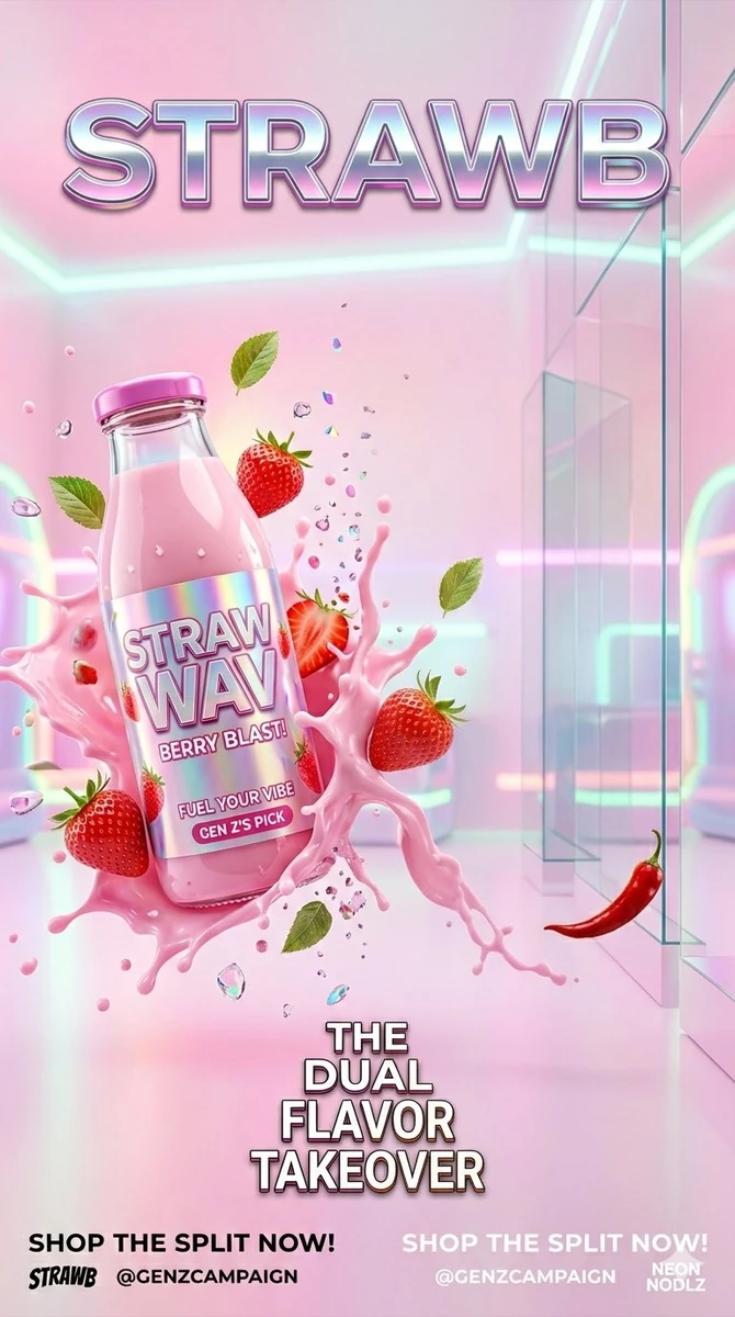 1. a futuristic strawberry milk drink bottle floating in mid air with exp...