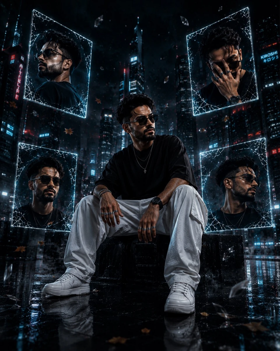 - Create an ultra-realistic cinematic cyberpunk portrait collage featurin...