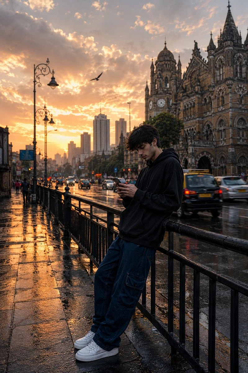 Ultra-realistic cinematic street photography of a young man standing alon...