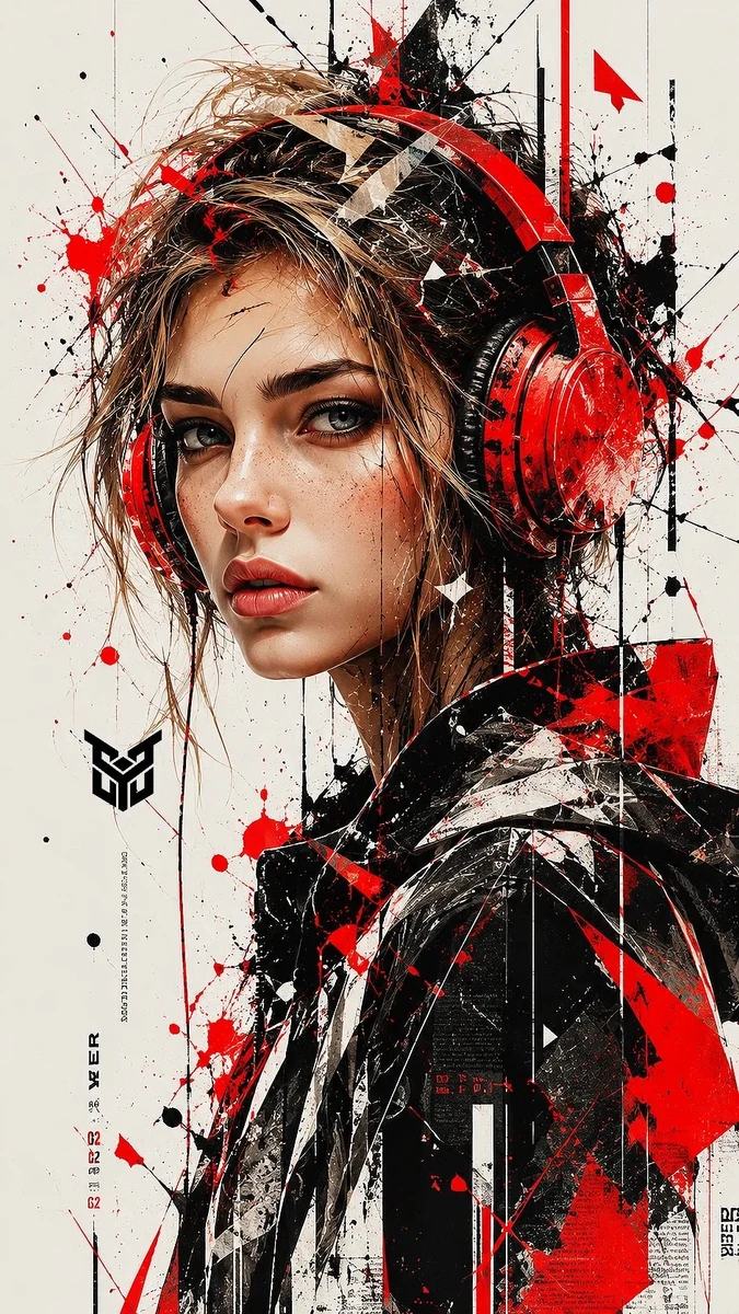 ​A high-detail digital painting of a young woman wearing large, vibrant r...