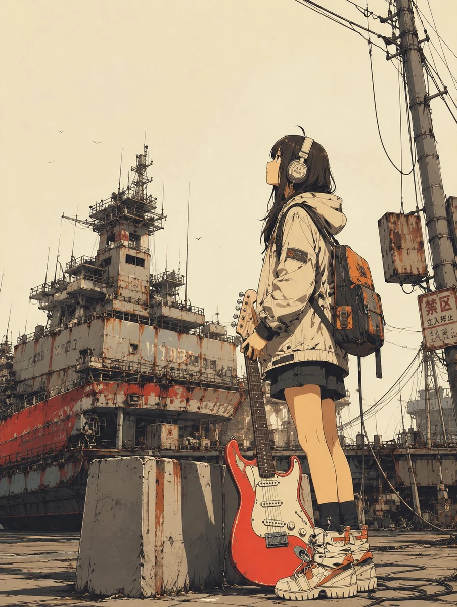 A stylish anime girl with long black hair wearing oversized headphones an...