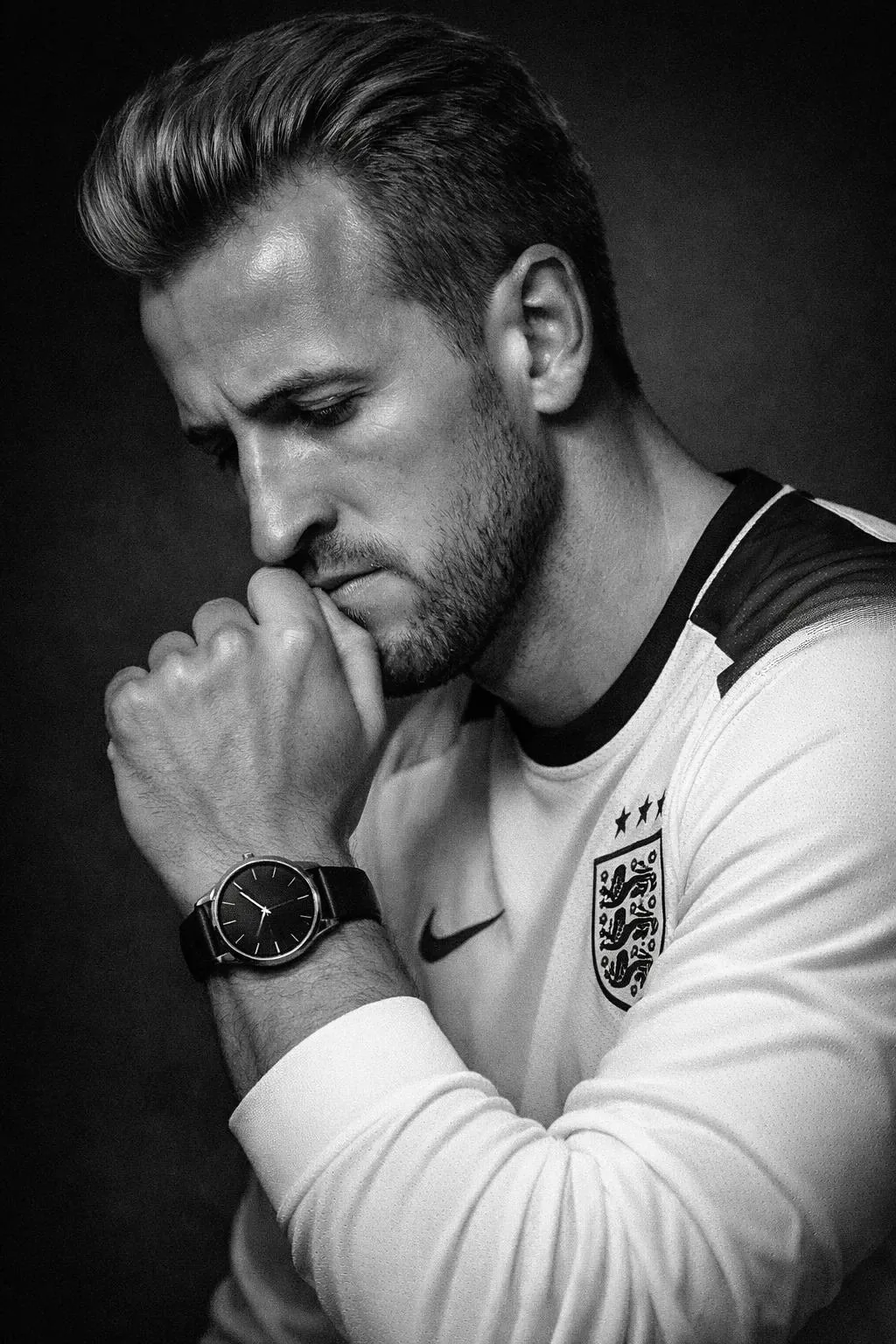 The subject wears a premium national football jersey (minimal branding),...