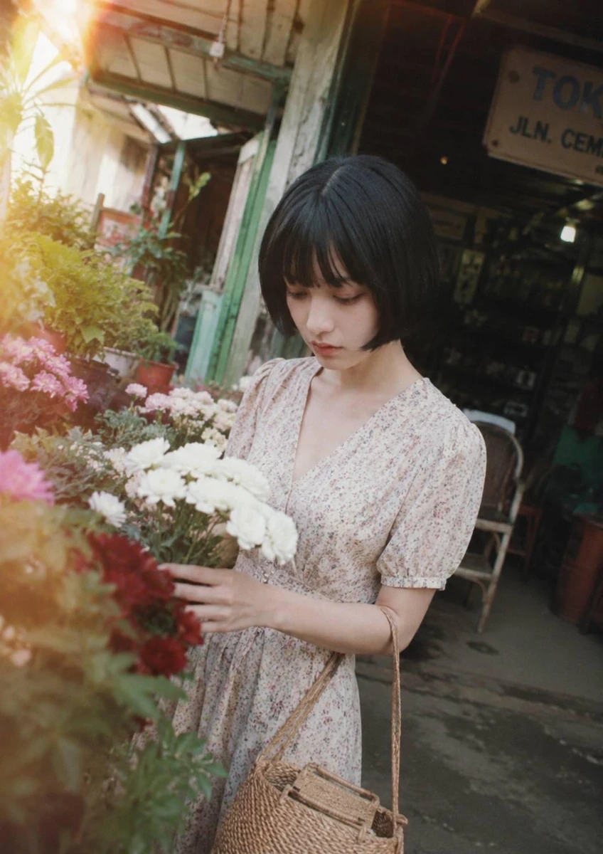 A dreamy cinematic street photography portrait of a young woman with a sh...