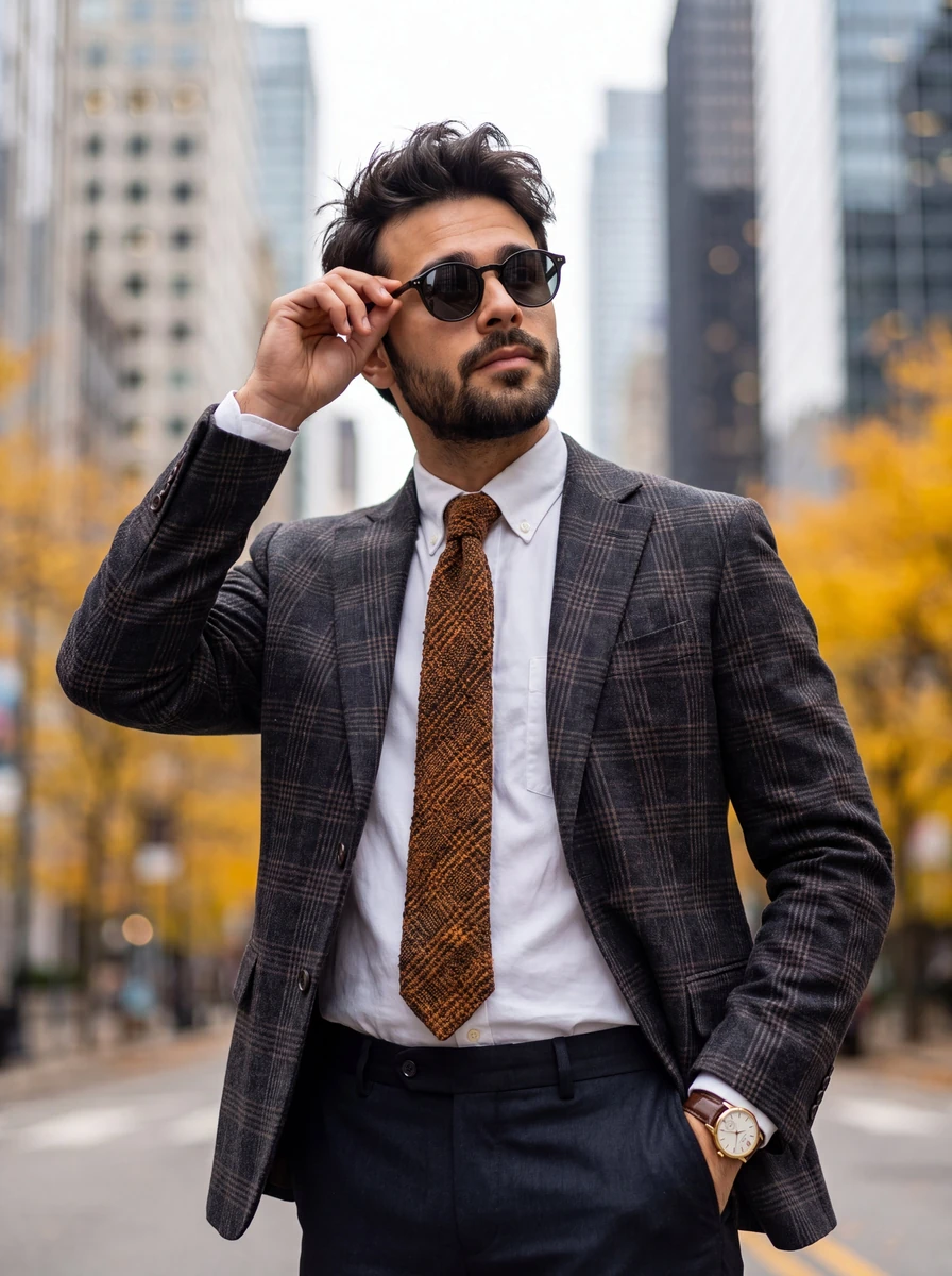 A medium shot of a stylish man with messy dark hair and well-groomed bear...