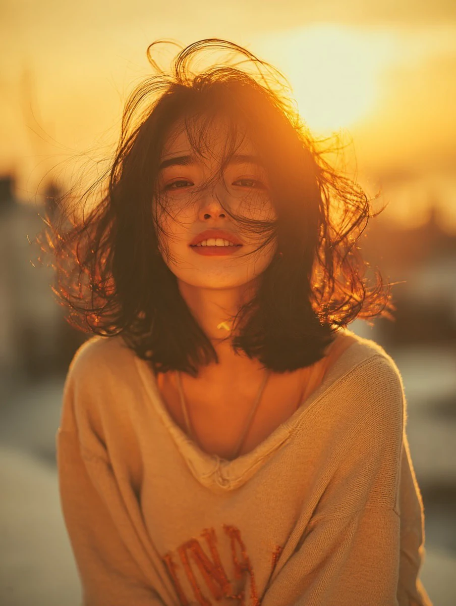 Golden hour cinematic portrait of a young woman outdoors, soft warm sunli...