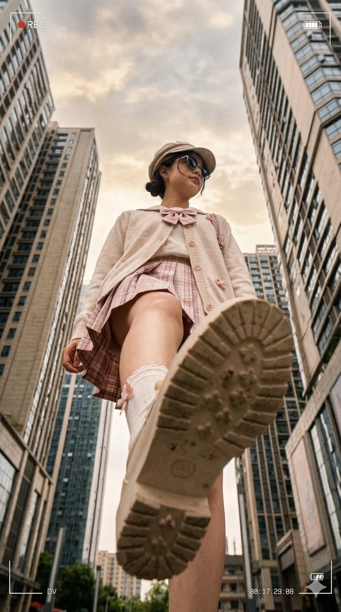 Shot on a DV camera with a slight blur and ultra-low resolution, creating...