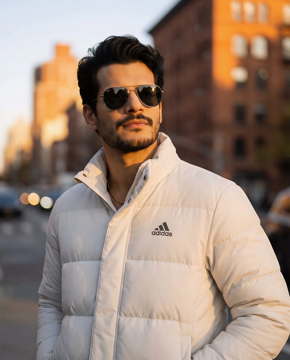 Ultra-realistic 8K cinematic portrait captured during golden hour. Warm s...