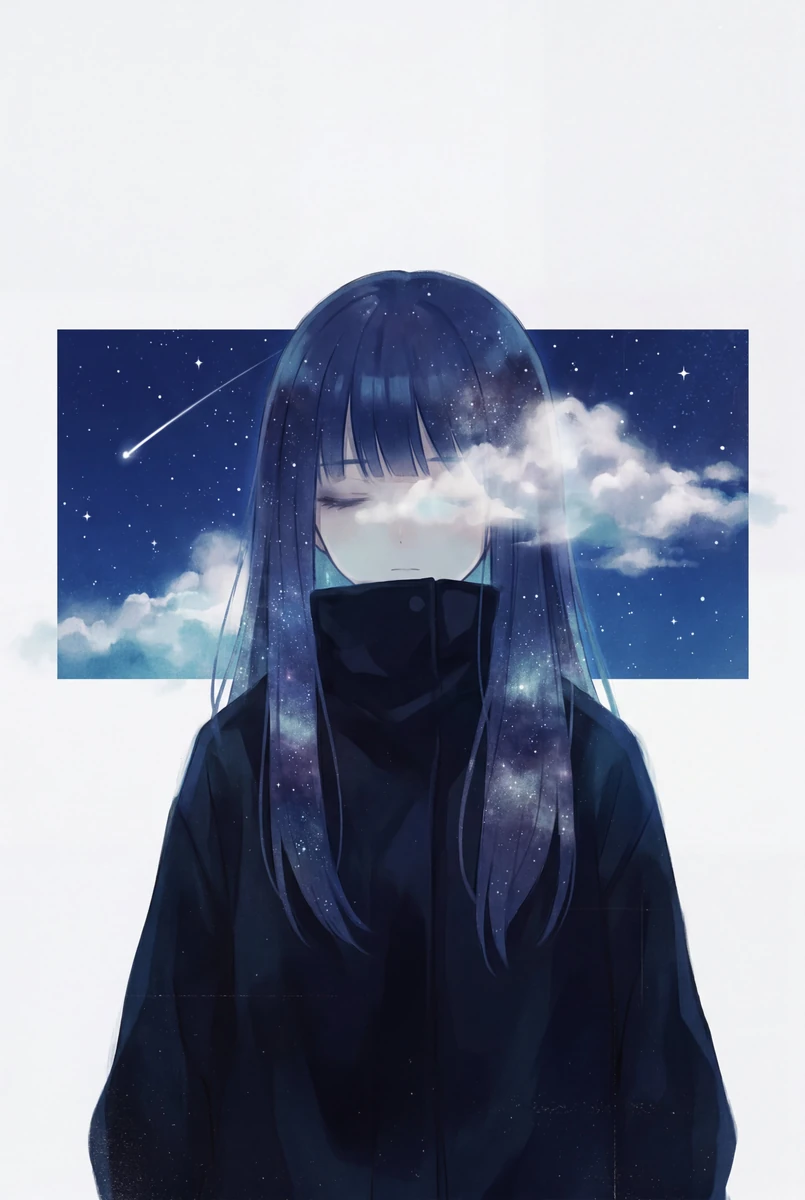 style": "minimalist melancholic anime illustration with surreal cosmic do...
