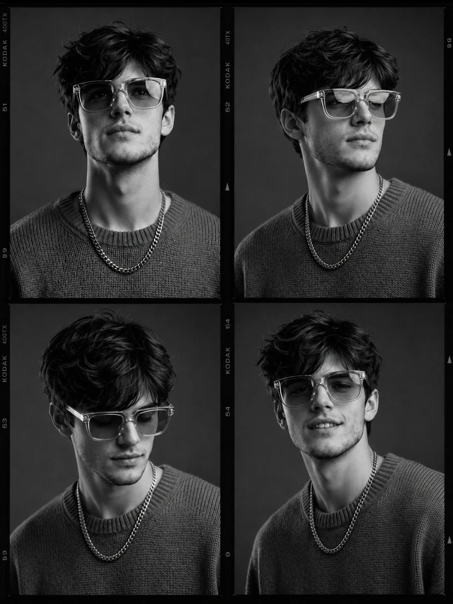 Black-and-white fashion casting contact sheet of [HUMAN] with [HAIR], arr...