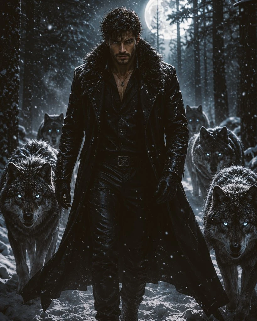 A powerful handsome man walking through a snowy forest at night surrounde...