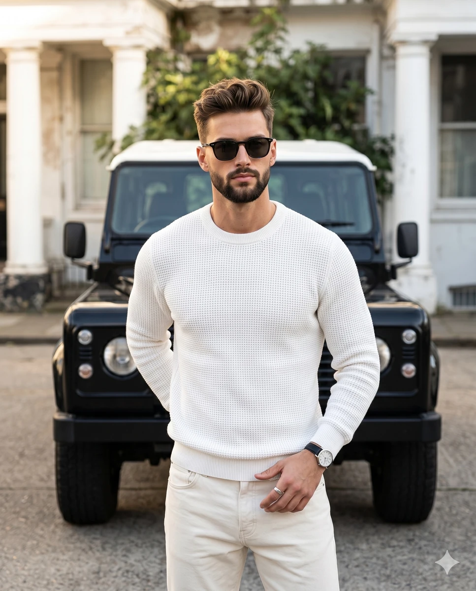 A stylish, confident male model in his late twenties to early thirties st...