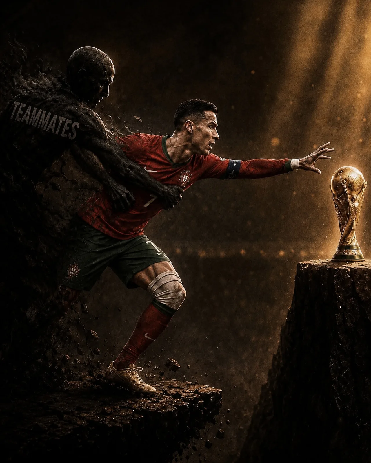 Ultra-cinematic sports key art, a legendary football captain in a red nat...