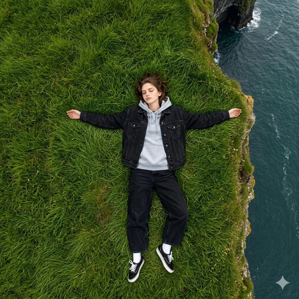 Make a photo of a young man showing a dramatic composition of natural sce...