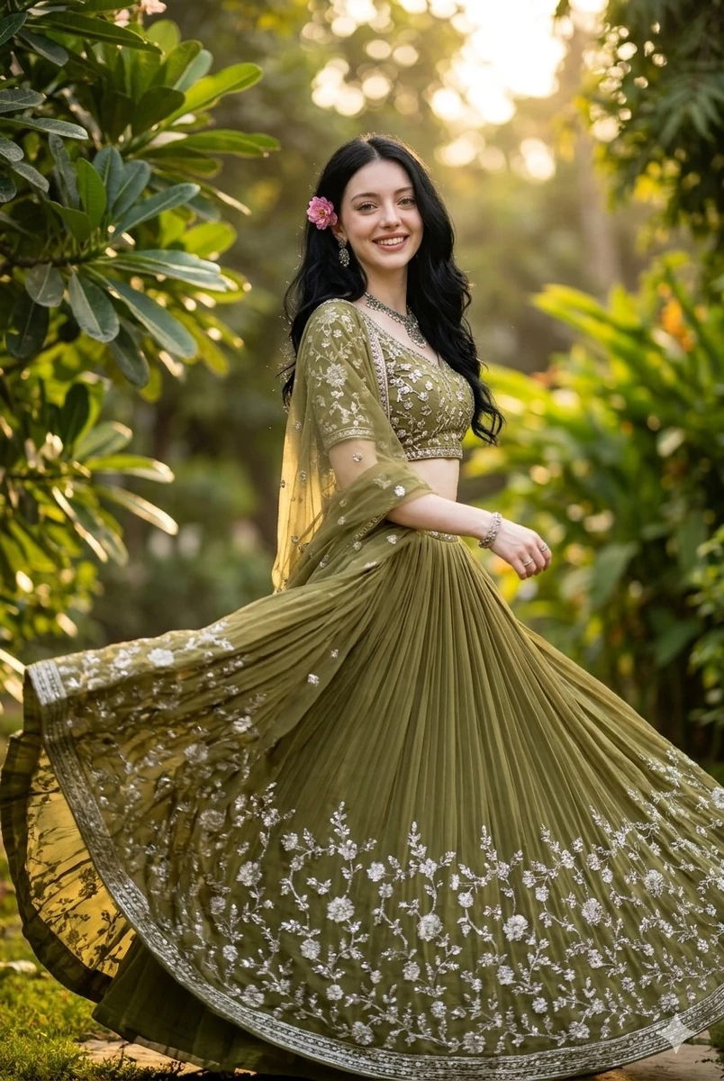 A beautiful young Indian woman wearing an olive green lehenga with intric...