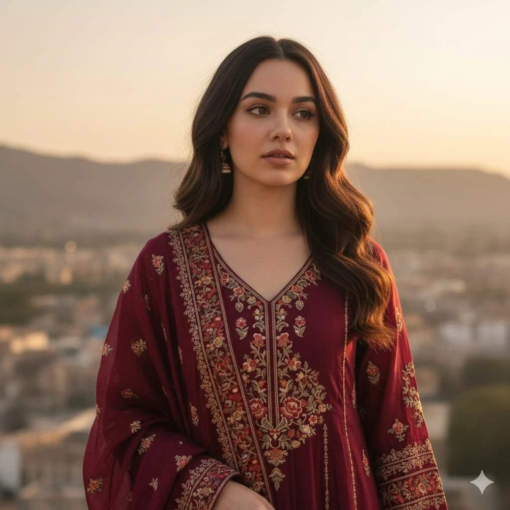 Close-up view — a 25-year-old girl wearing a maroon shalwar kameez with b...