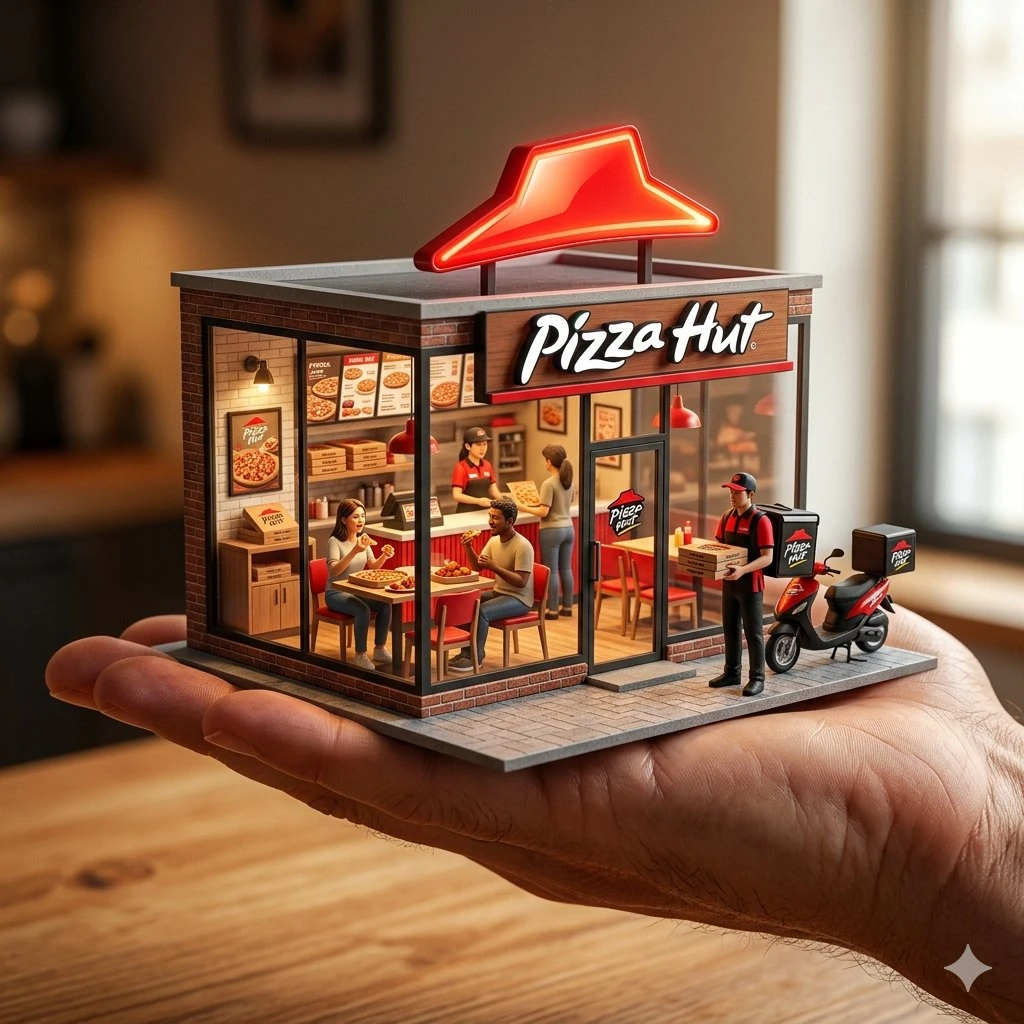 An ultra-realistic miniature [YOUR BRAND] showroom balanced on a human pa...
