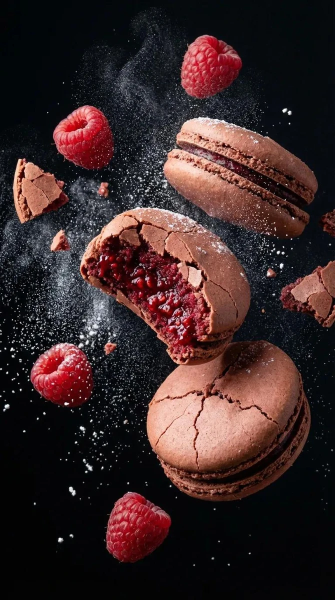 Ultra-realistic floating macarons with cracked shells revealing rich jam/...