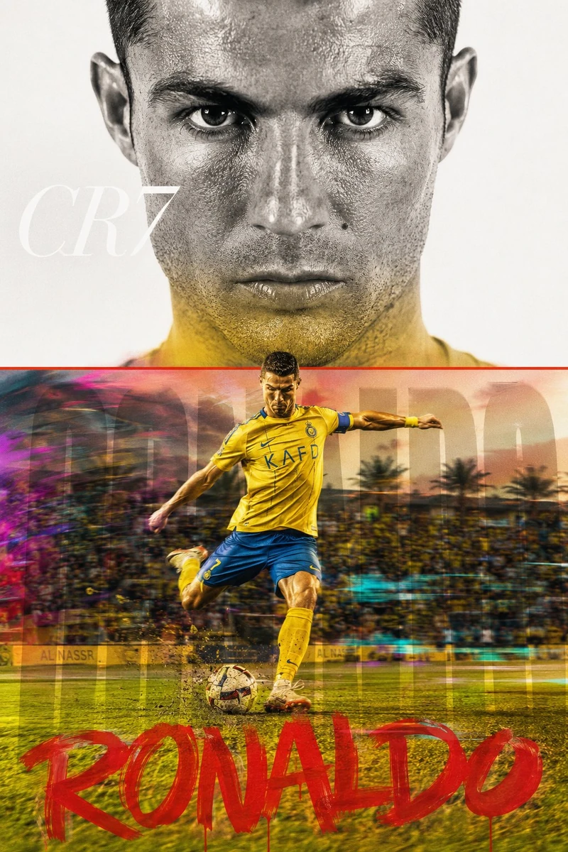 Cristiano Ronaldo sports poster, dynamic split composition, upper half ex...