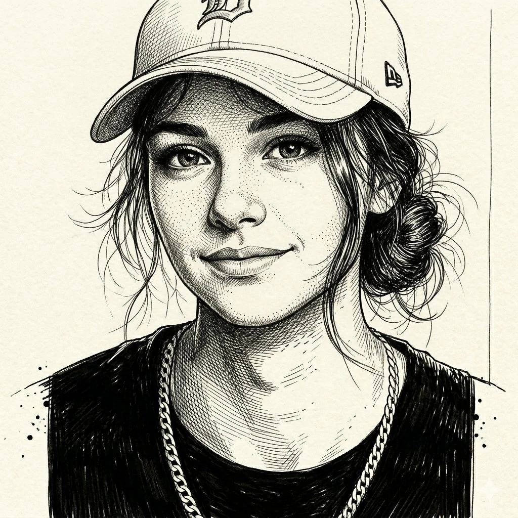 A high-contrast pen and ink portrait of a young woman with a soulful gaze...