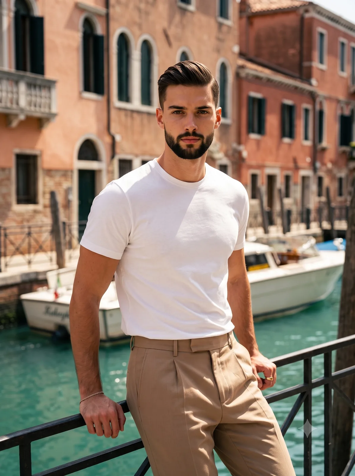 A muscular young adult male stands in a medium three-quarter portrait, ce...